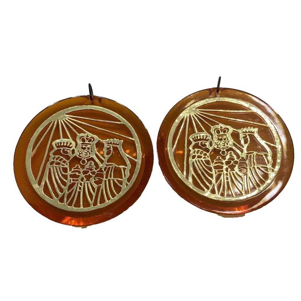 Vintage Christmas Ornaments Magi Three Kings Wise Men Orange Acrylic Set of 2